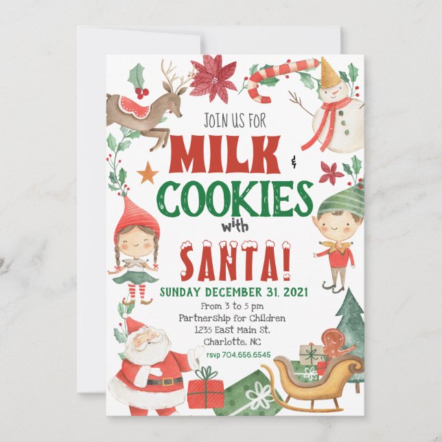 Kinder - Weihnachtsmilch und Cookies Einladung (Vorderseite)
