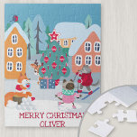 Kinder Weihnachtszeit mit Waldtieren<br><div class="desc">Personalisiertes Puzzle für Kinder mit niedlicher Waldtierweihnachtszene. Die Vorlage ist für Sie bereit, den Namen Ihres Kindes in den Schnee und Sie können die Formulierung "Frohe Weihnachten" ändern, wenn Sie möchten. Die Weihnachtsschneeszene hat Waldtiere, die den Schnee auf ihrem Dorfplatz genießen. Der kleine Rentier versteckt sich hinter dem Weihnachtsbaum und...</div>