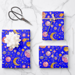 Kinder Weltraum Planet Blau Hintergrund Geschenk Geschenkpapier Set