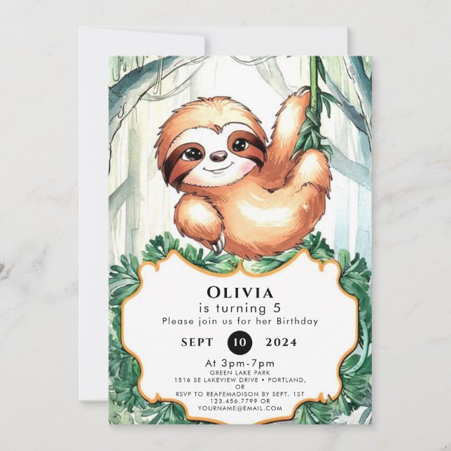 Kinder Whimsical Sloth Geburtstag Einladung (Vorderseite)