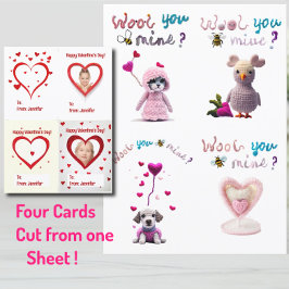 Kinder Wooly Hearts 4xValentine Tageskarte Feiertagskarte