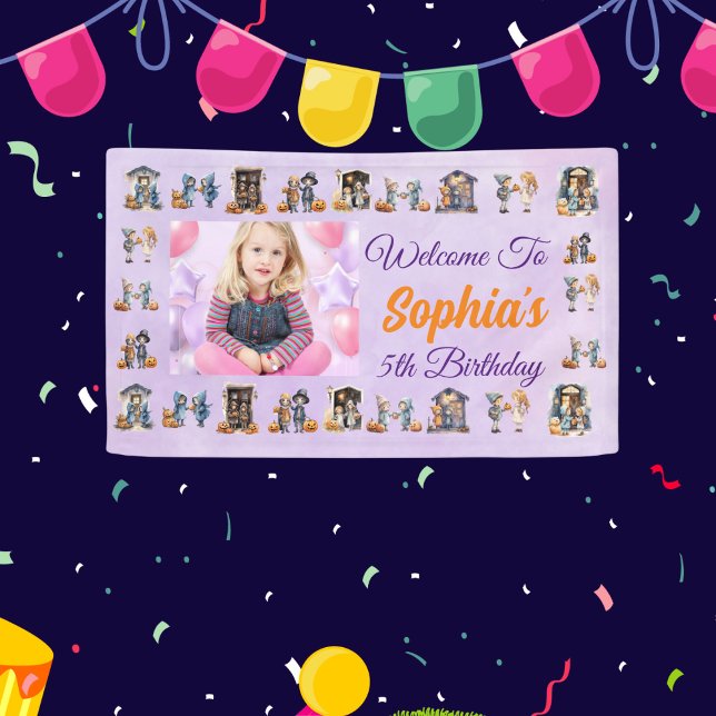 Kinder zu Halloween Lila Theme Kindergeburtstag Banner (Von Creator hochgeladen)