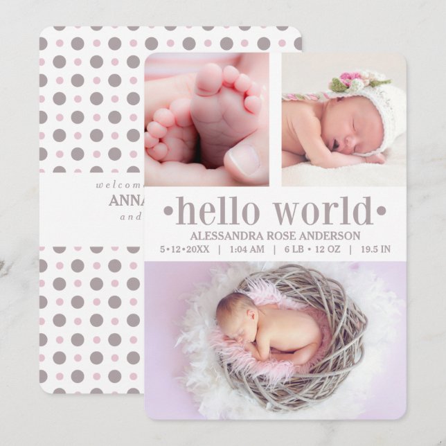 Kinderankündigung Hallo World Taupe/Pink 3 Foto Ankündigung (Vorne/Hinten)