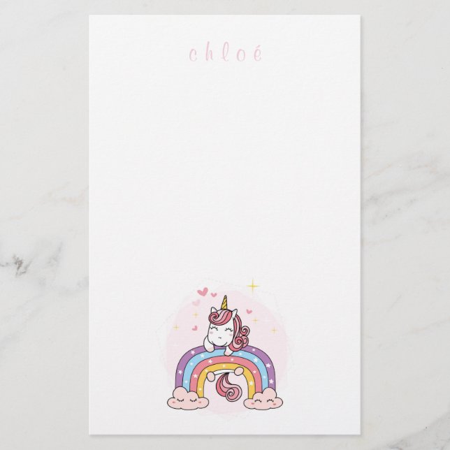 KINDERAUFENTHALT: UNICORN AUF EINEM RAINBODEN BRIEFPAPIER (Vorderseite)