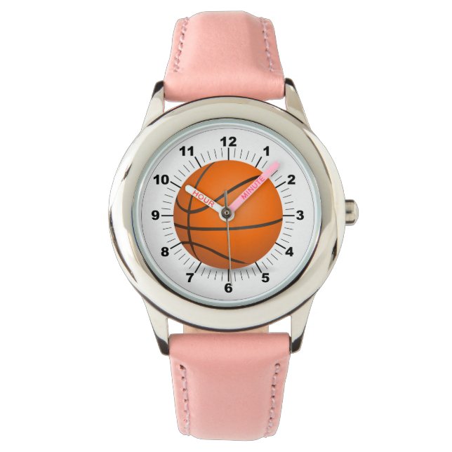 Kinderbasketball Pink Lederstraffe Uhr (Vorderseite)
