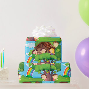 Kinderbaumhaus mit Regenbogen und glücklichen Kind Geschenkpapier