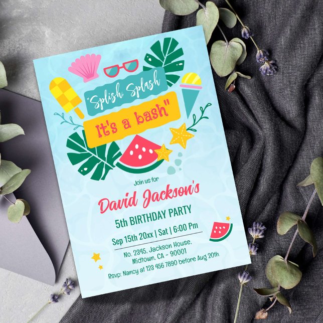 Kinderbecken mit tropischem Party 5. Geburtstag Einladung (Von Creator hochgeladen)