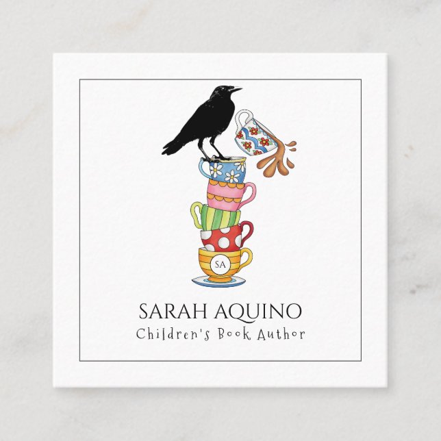 Kinderbuchautor Whimsical Crow & Tea Cups Quadratische Visitenkarte (Vorderseite)
