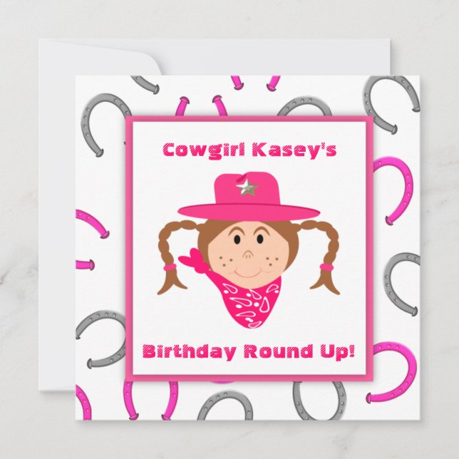 Kindercowgirl Party Brünett Girl Geburtstag Einladung (Vorderseite)