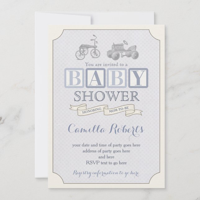 Kinderdusche einladen, Vintages Tretauto Einladung (Vorderseite)