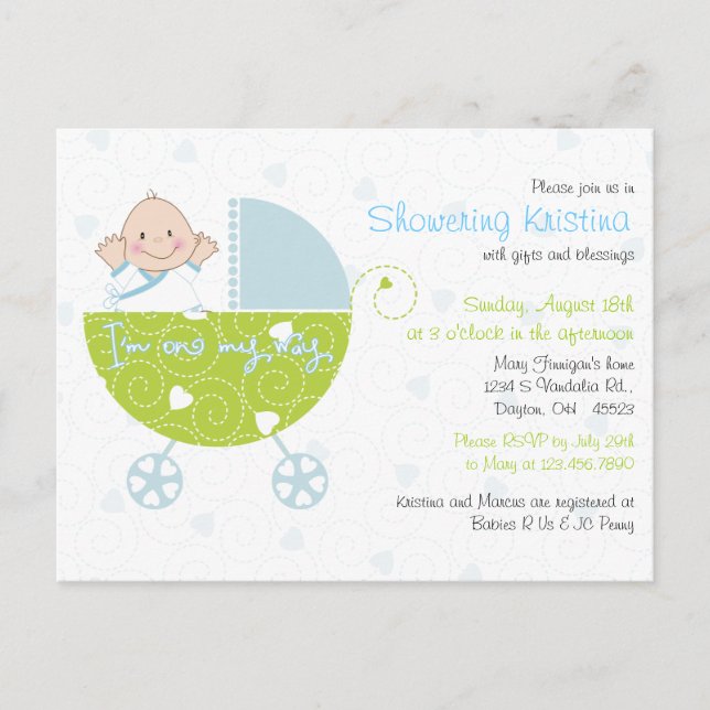 Kinderdusche Einladung für Baby Boy Blue Carriage (Vorderseite)
