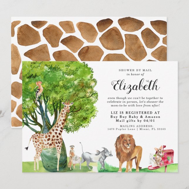 Kinderdusche für afrikanische Tiere - Einladung (Vorne/Hinten)