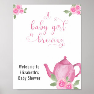 Kinderdusche Rosa Teekanne und Blume Willkommen Poster