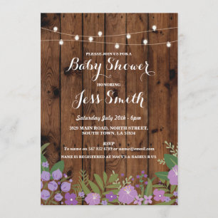 Kinderdusche Rustikales Holz Lila Blumenkohl Party Einladung