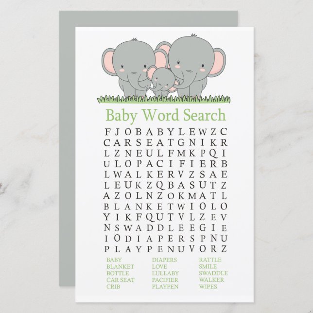 Kinderelefant Baby Dusche Word Search Game (Vorne/Hinten)