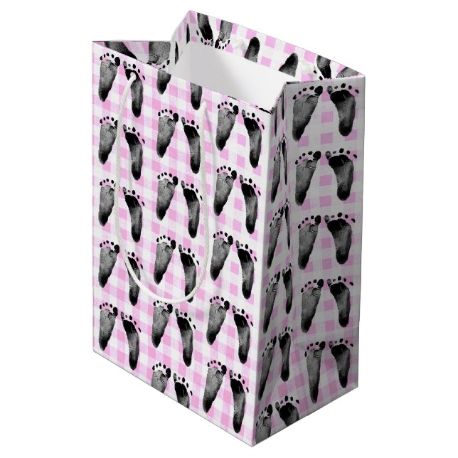 Kinderfotos auf Pink Gingham Mittlere Geschenktüte (Rückseite Schrägansicht)