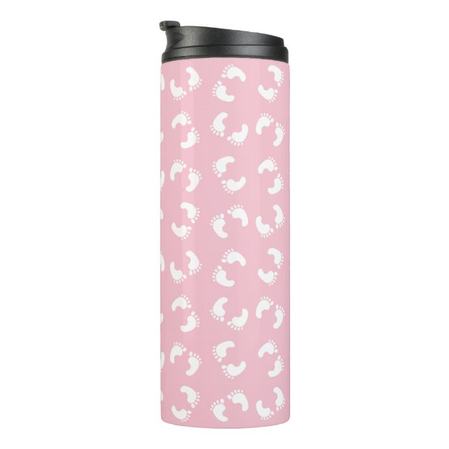 Kinderfußspuren, Babyfuß, Fußspuren, rosa Girl Thermosbecher (Nach rechts gedreht)