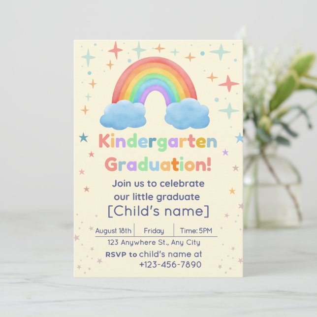 Kindergarten Abschluss Einladung - Thema Regenboge (Stehend Vorderseite)