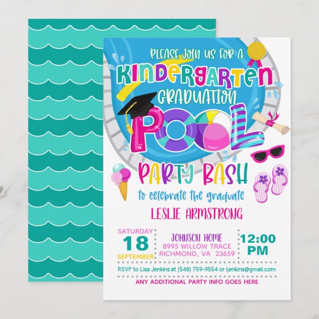 Kindergarten Abschluss Pool Party - Girl W Einladung (Vorne/Hinten)