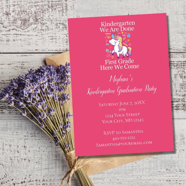 Kindergarten Graduierungsparty Rosa Einhorn Einladung (Kindergarten Graduation party invitation for little girl)