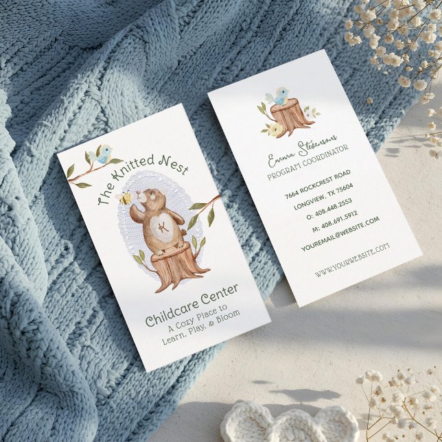 Kindergarten Kindertagesstätte Visitenkarte (Knitted Woodland Bear Fun Childcare Daycare Center Business Card)