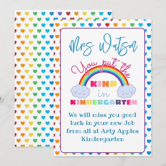 Kindergarten Lehrerin Wertschätzung Geschenk CARD  Einladung (Vorne/Hinten)