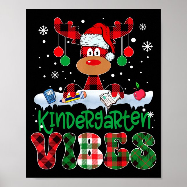 Kindergarten Vibes Teacher Buffalo Plaid Reindeer  Poster (Vorne)