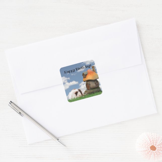 Kindergeburt Niedliche Guinea Pig Mushroom House Quadratischer Aufkleber (Umschlag)