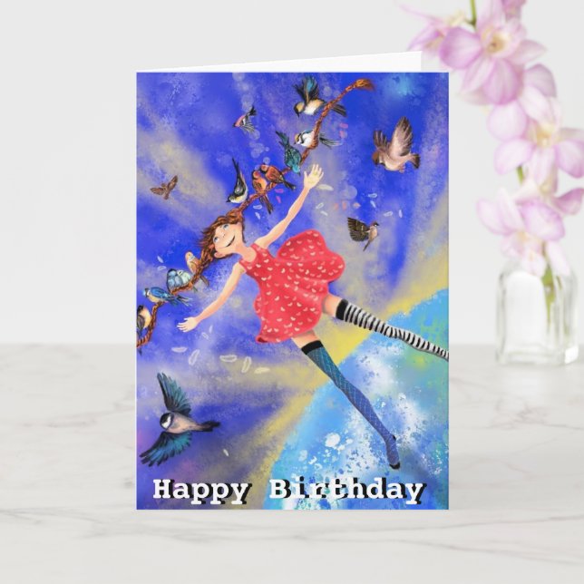 Kindergeburtstag Card Happy Girl with Birds Karte (Orchidee)