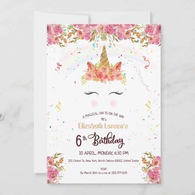 Kindergeburtstag Celebration Unicorn Thema Einladung (Vorderseite)