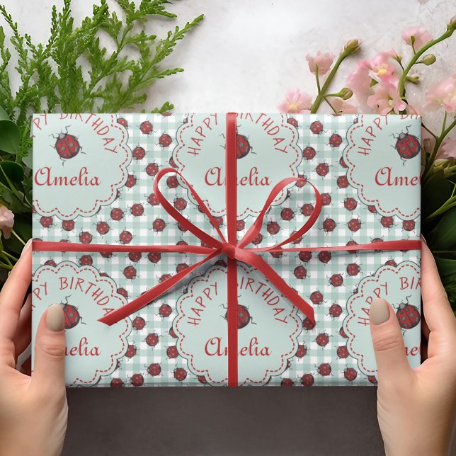 Kindergeburtstag mit roten und blauen Ladybug-Inse Geschenkpapier (Colorful Ladybugs Custom Gift Wrap. Editable Text. Hand-Drawn Ladybug Beetles on Turquoise Gingham.)