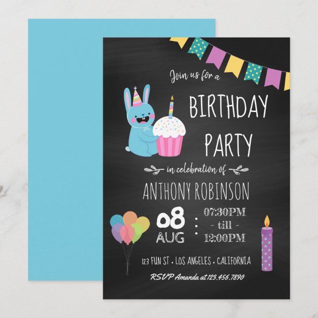 Kindergeburtstag Party Chalkboard Einladung (Vorne/Hinten)