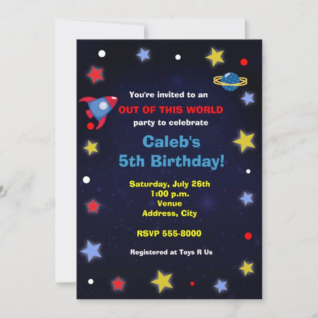 Kindergeburtstag-Party Einladung für Weltraumraket (Vorderseite)