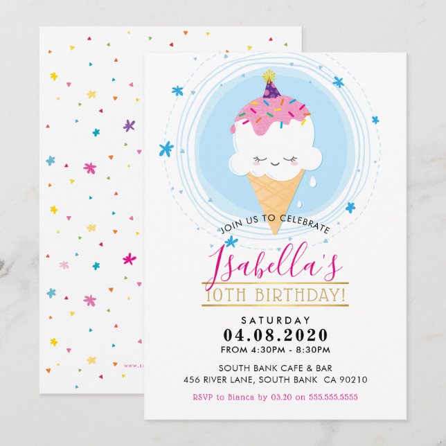 KINDERGEBURTSTAG PARTY INVITE kawaii Eiskronen Einladung (Vorne/Hinten)