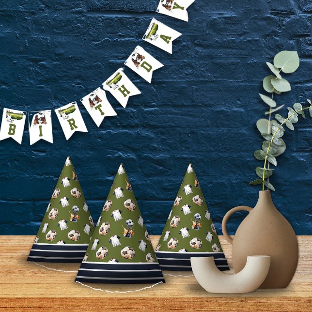 Kindergeburtstag Soccer Ball Sport Partyhütchen (Green Blue Stripes Soccer Pattern Birthday Party Paper Hats)