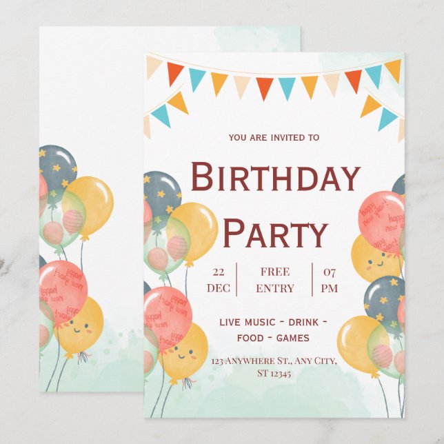 Kindergeburtstag von Aquarellen Einladung (Vorne/Hinten)