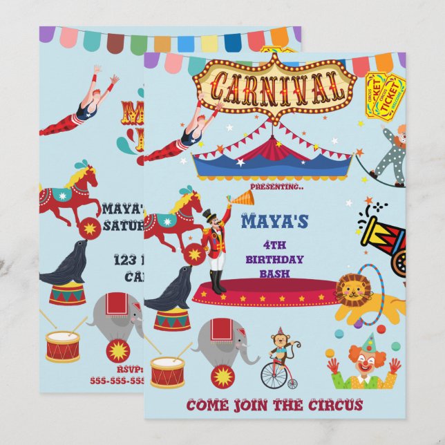 Kindergeburtstag zum Thema Karneval Einladung (Vorne/Hinten)