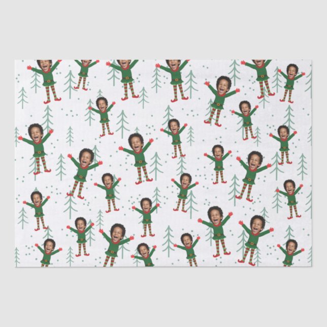 Kindergesicht und Name Elf Weihnachtsgeschmack Seidenpapier (Vorderseite)
