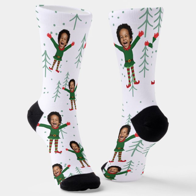 Kindergesicht und Name Elf Weihnachtsgeschmack Socken (Gewinkelt)