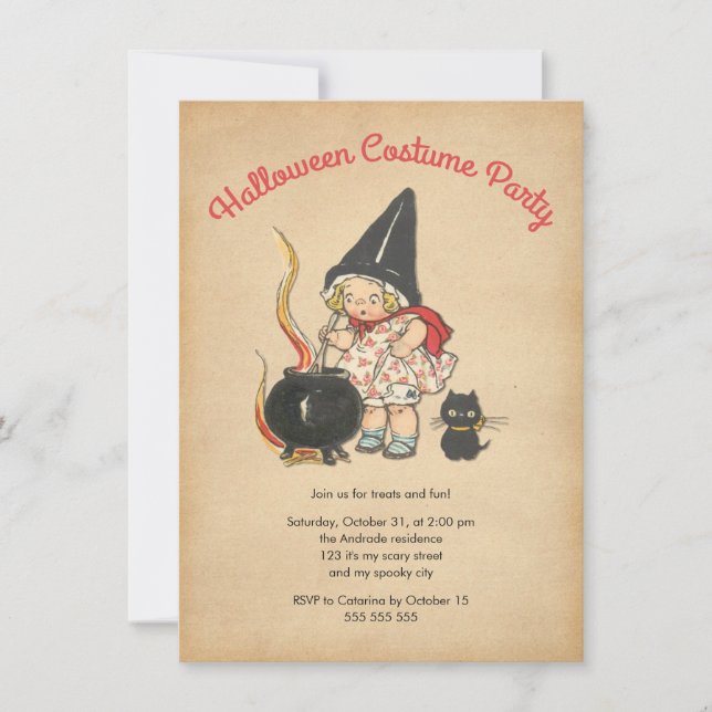 Kinderhalloween-Kostüm-Party niedliche Witchs Einladung (Vorderseite)