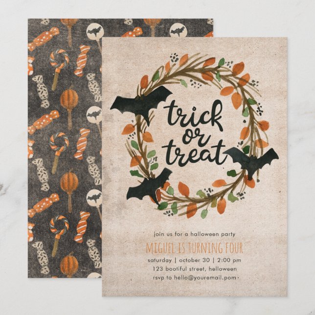 Kinderhorn Halloween Party Trick Leckerei Bat Einladung (Vorne/Hinten)