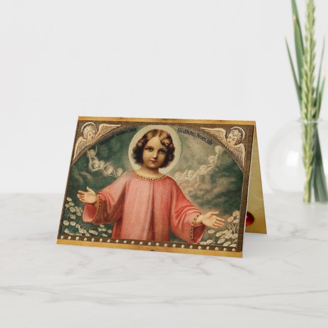 KINDERJESUS MIT ANGELN, braunes Pergament Feiertagskarte (Vorderseite)