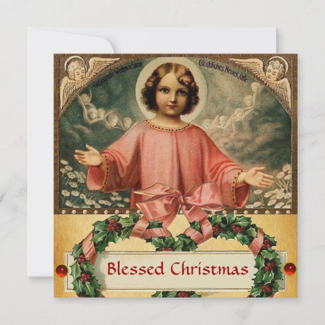 KINDERJESUS MIT ANGELN UND CHRISTMAS KROWNS EINLADUNG (Vorderseite)