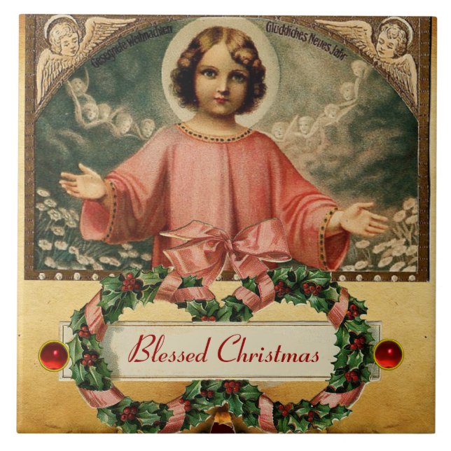 KINDERJESUS MIT ANGELN UND CHRISTMAS KROWNS FLIESE (Vorderseite)
