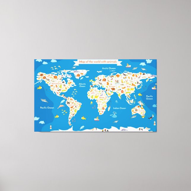 Kinderkarte der Welt mit Tieren Leinwanddruck (Vorderseite)