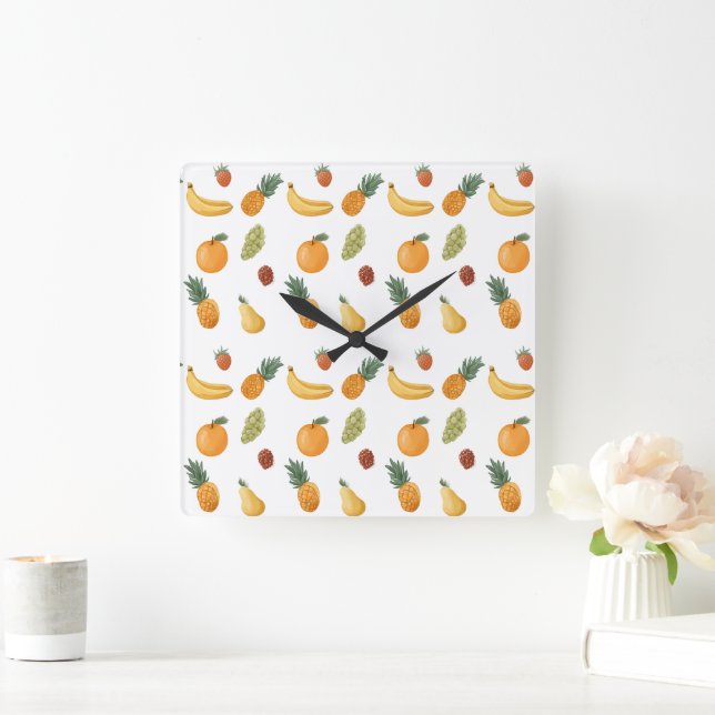Kinderkrippe - Früchte, Quadratische Wanduhr (Zuhause)