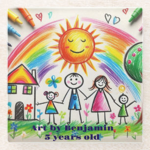 Kinderkunstwerk   stolze Zeichnung Kinder  Glasuntersetzer