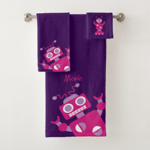 Kinderlila rosa Roboter-personalisierter Spaß Badhandtuch Set