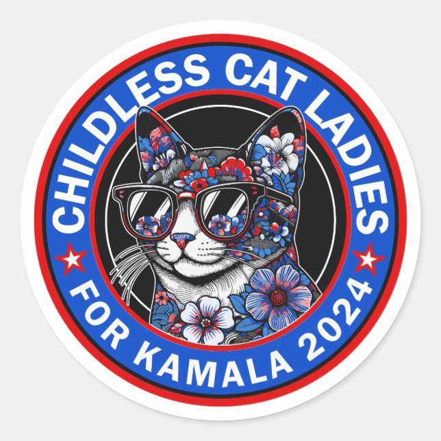 Kinderlose Cat Ladys wählen Kamala US 2024 Dems Runder Aufkleber (Vorderseite)
