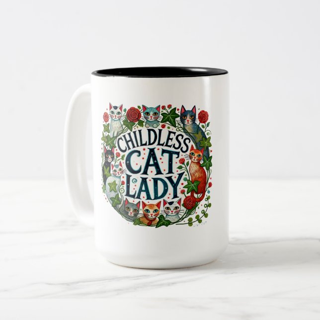 Kinderlose Katze Lady Zweifarbige Tasse (Vorderseite Links)